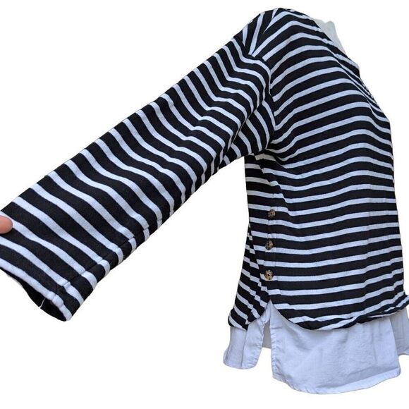 Izod Mock Layered Knit Sweater Pullover Black and White Striped Size L Buttons - Picture 5 of 9